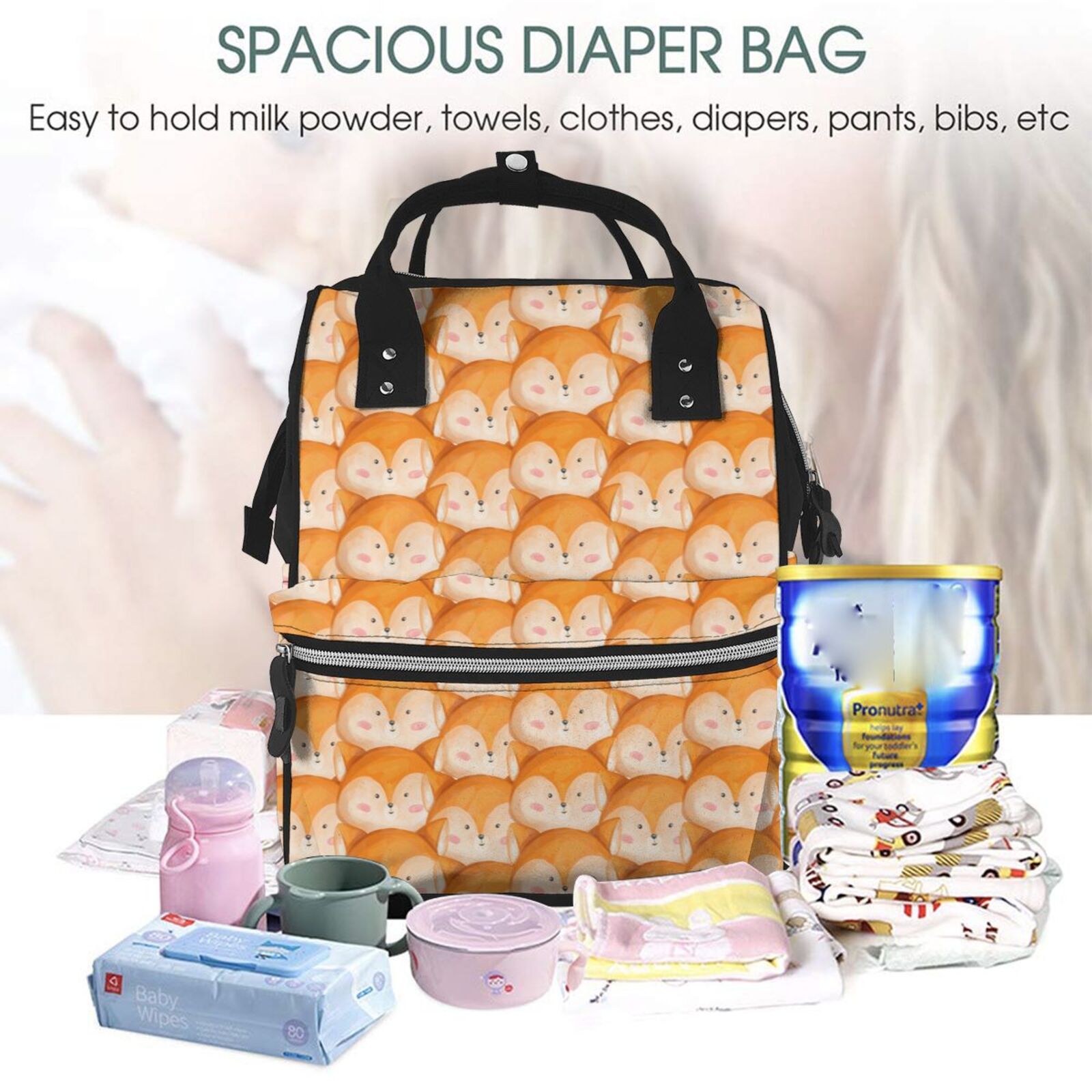 Fuzoiu Cute Fox Faces Pattern Print Diaper Bag Backpack,Baby Essentials Travel Tote,Multi function Waterproof Diaper Bag, Travel Essentials Baby Bag - Unisex