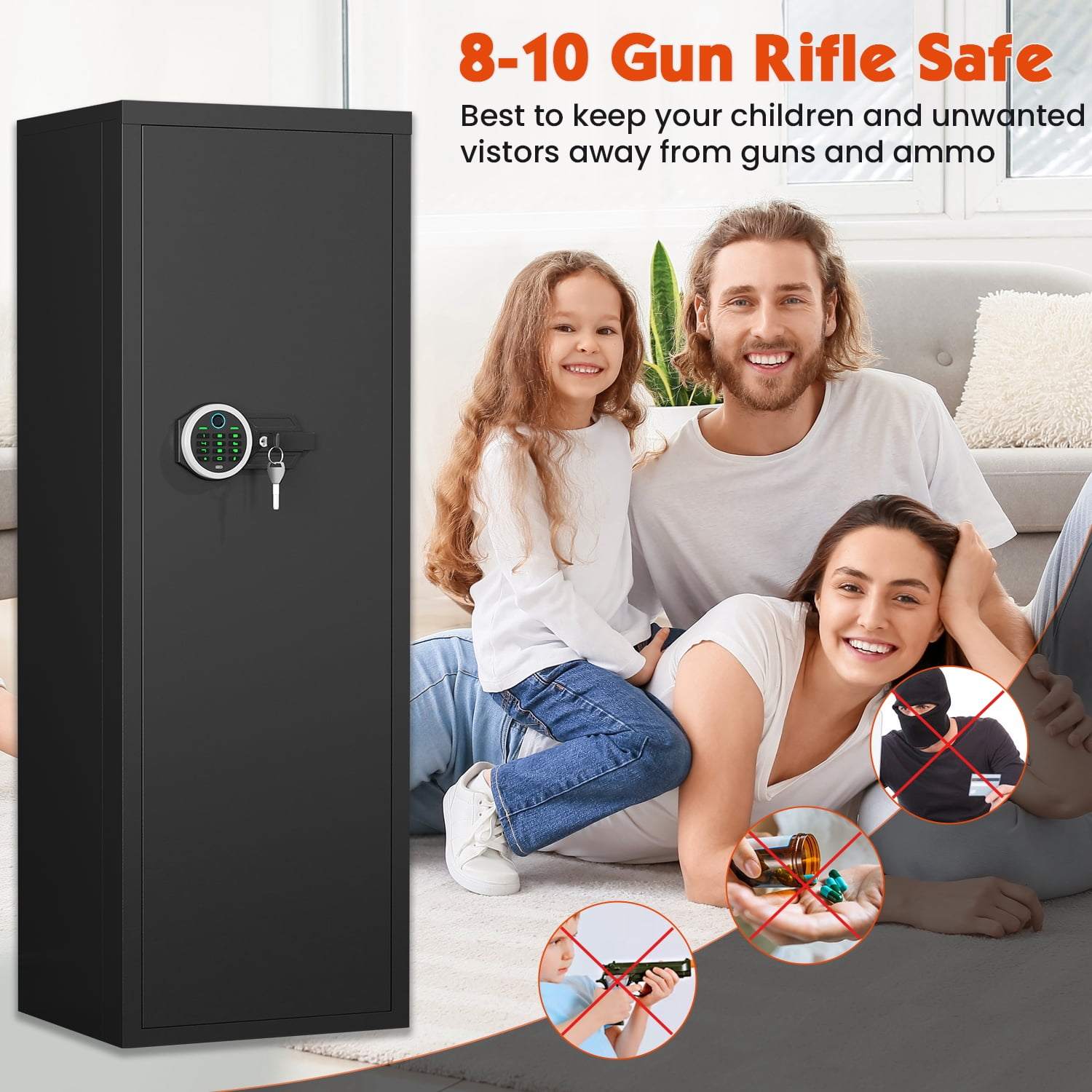 Omethey 10-12 Biometric Gun Safe，Large Unassembled Fingerprint Gun Safes for Home Guns and Shotgun，Shotgun Safe with Mute Function & Backlit Keypad，Long Gun Safe with Adjustable Ammo Box