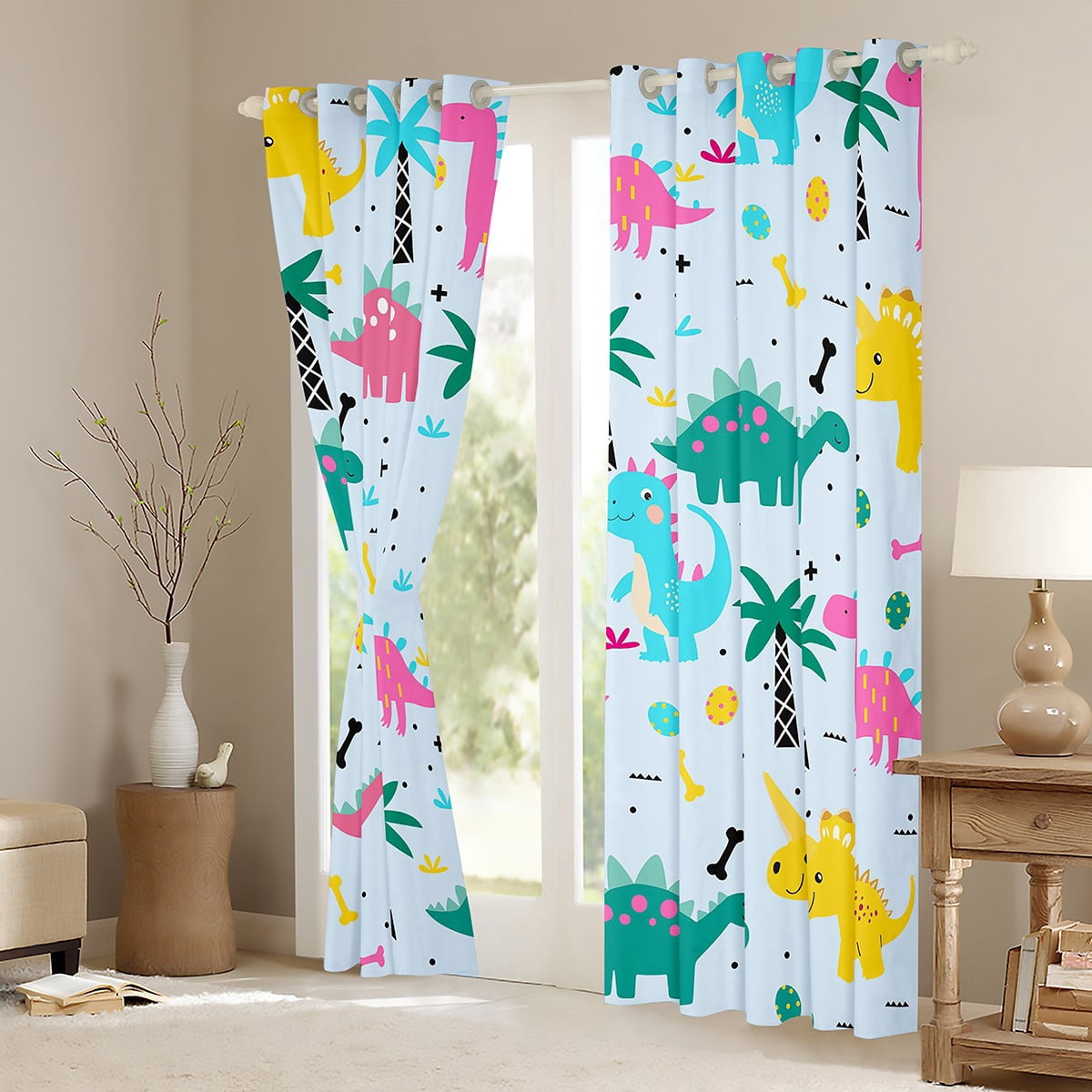 jejeloiu Cute Dinosaur Blackout Curtains Set of 2 (52x84 Each),Zoo Animal Window Curtains,Blue Pink Green Curtains and Drapes For Boys,Ultra Soft Room Decoration