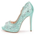 thumbnail image 2 of XYD Women Bride Peep Toe Platform Pumps Rhinestones Studded Satin Stiletto High Heels Slip On Wedding Shoes Size 10 Green, 2 of 5