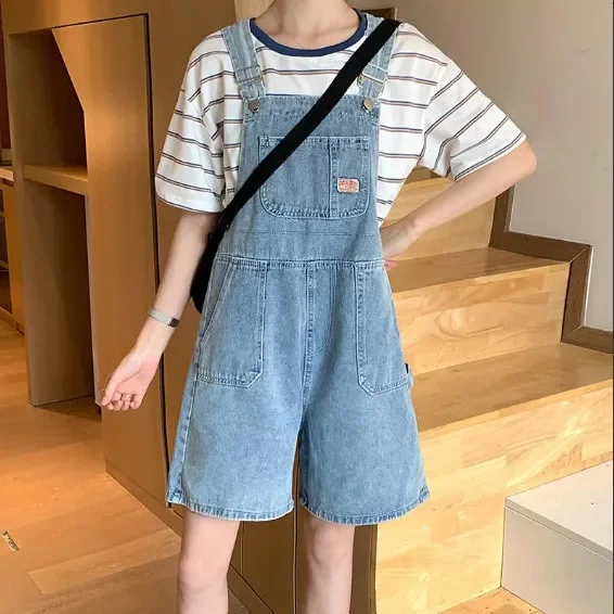 Pantalones cortos de mezclilla sueltos para mujer estilo Preppy Y2k pantalones vaqueros de pierna ancha bolsillos rectos monos azules de verano pantalones cortos hasta el tobillo
