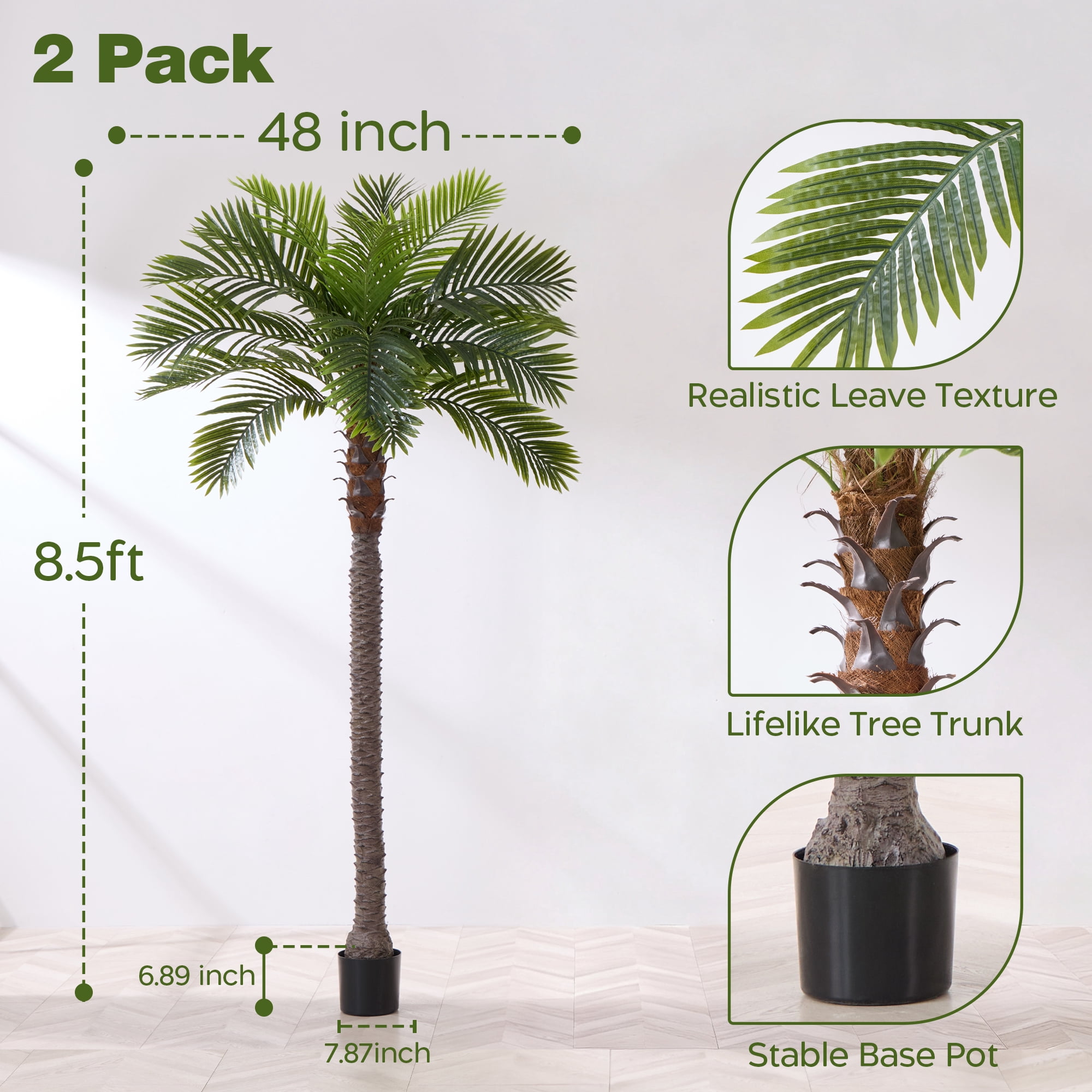 8.5FT Artificial Coconut Palm Tree (Set of 2), UV Realistic Faux Sago Palm Plants for Indoor & Outdoor, Large Tropical Fake Trees for Home Office Garden Patio Poolside Decor