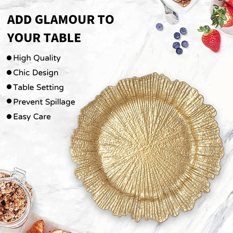 MAONAME Gold Beaded Charger Plates Set Of 6 - 13 Inch Round Plastic Chargers For Wedding & Dining