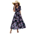thumbnail image 3 of Women'S Summer Wrap Maxi Dress Floral V Neck Short Sleeve Wedding Guest Party Casual Dress Black L, 3 of 9