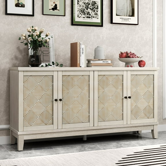 Distressed Wooden Buffet Cabinet with Storage, Accent Sideboard with 4 Carved Doors & Adjustable Shelf, Sideboard Cabinet for Kitchen, Living Room, Entryway，Light Grey