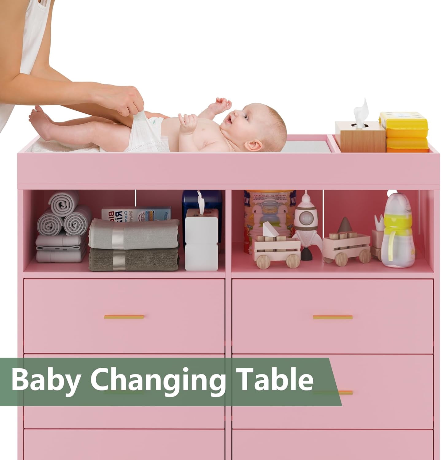 Dresser for Bedroom with 6 Drawers, Baby Changing Table Dresser with Changing Pad, LED Lights & Charging Station, Baby Changing Station with Changing Table Top