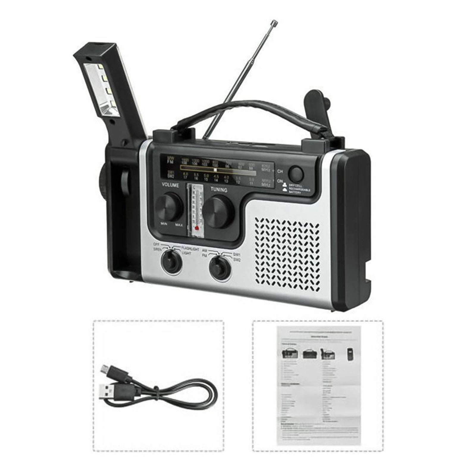 Multifunctional Outdoor SOS Emergency Flashlight Solar Hand-Cranked Power Generation Radio Weather Broadcast