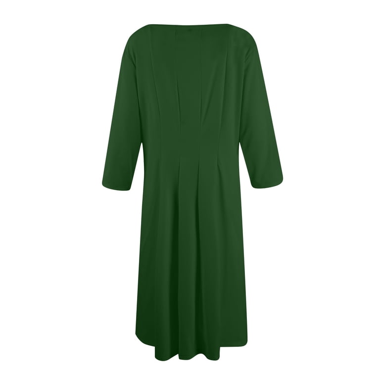 Listha 3/4 Sleeve Dresses for Women Fall Casual Loose Plain Pleated Flowy Midi Dresses Dark Green M