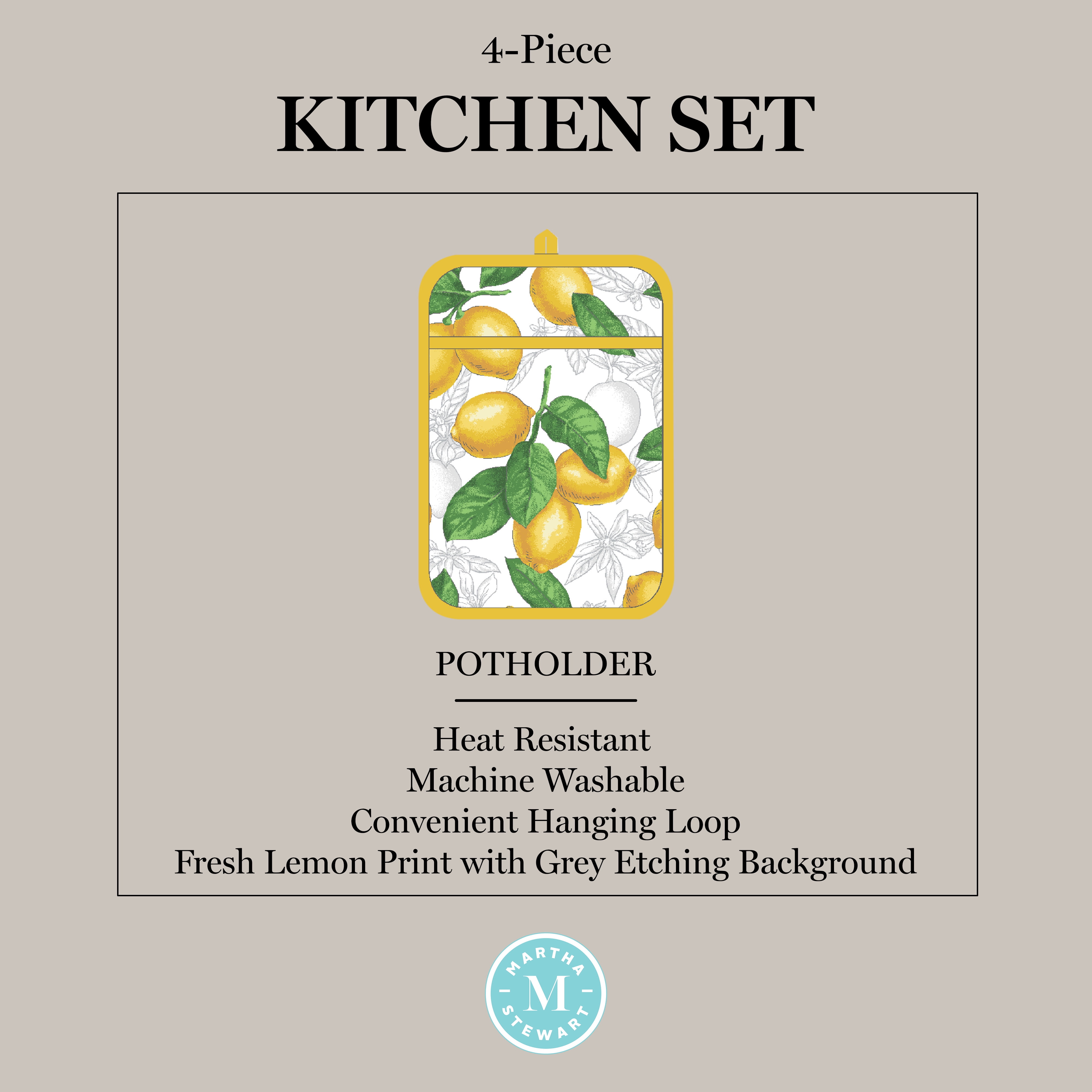 Martha Stewart Lots of Lemons Modern Kitchen Towel, Oven Mitt & Potholder Set 4-Pack, White-Yellow, 2KT: 16"x28", OM: 7"x13", PH: 7"x10"