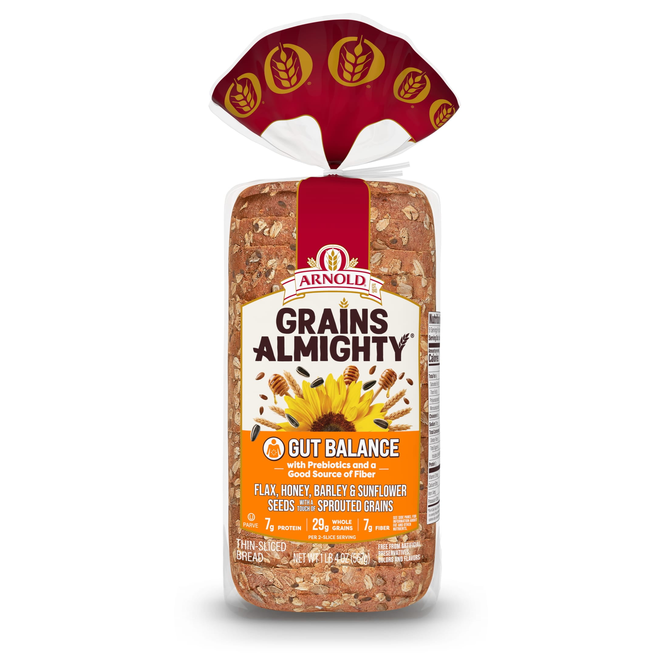 Arnold Grains Almighty Gut Balance Bread, 20 oz, Whole Grains Thin Sliced Seeded Bread, Bag