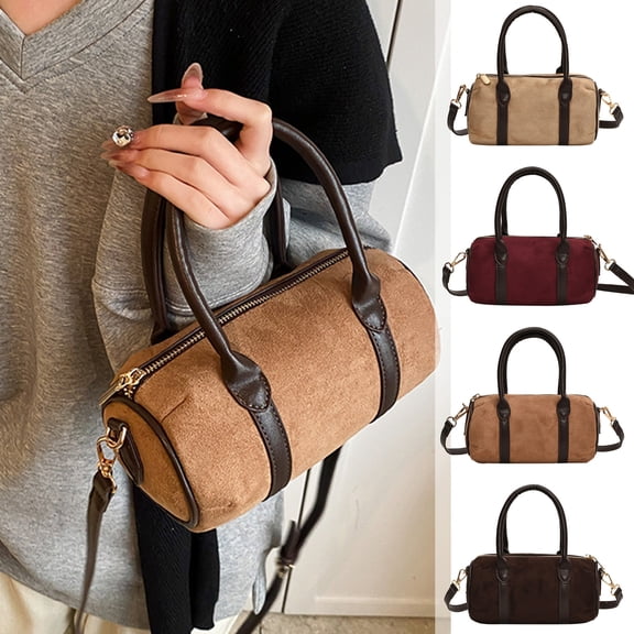 Faux Suede Crossbody Tote Bag for Women | Barrel Handle Purse | Small PU Leather Shoulder Bag | Retro Fashion Handbag | Red Khaki Brown Coffee | 8.3"x3.7"x3.7" Lightweight Everyday Travel