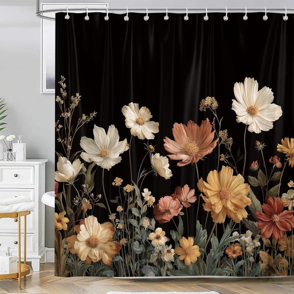 Black Floral Shower Curtain, Vintage Boho Dark Flower Wildflower Botanical Bathroom Curtain Decor, Polyester Fabric Waterproof Bath Curtain with 12 Hooks 72x72 Inch