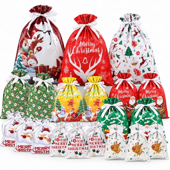 20PCS Christmas Gift Bags, 10 Assorted Designs in 5 Sizes, Drawstring Gift Bags for Holiday Wrapping, Parties and Gift Exchange