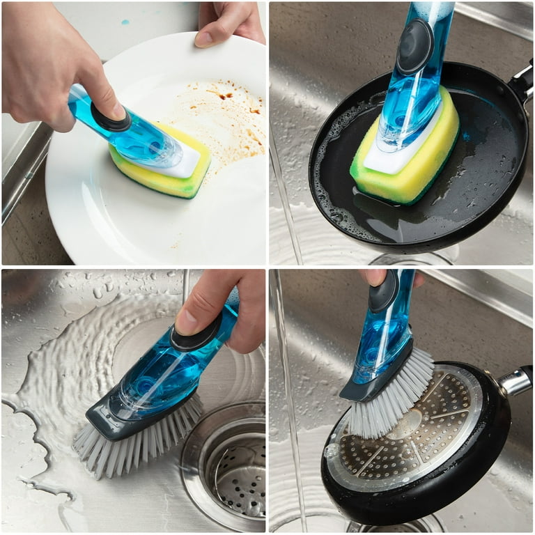 GlorySunshine Soap Dispensing Dish Brush Set, Scrub Brush with 4 Sponge  Replacement Heads and 2 Adhesive Hooks, Dish Brush with Handle 