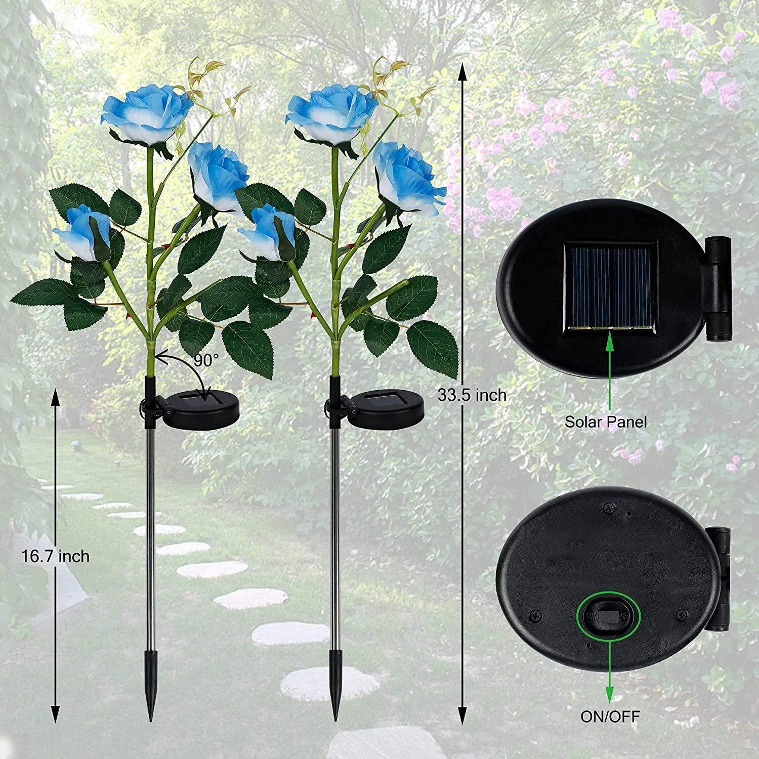 iMeshbean 2 Pack Solar Flowers Lights Outdoor Garden, Waterproof LED Roses Flowers Lights, Blue