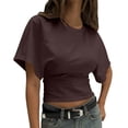 thumbnail image 3 of OGLCCG Women's Cinched Waist Tops Short Dolman Sleeve Ruched Shirt Trendy Y2k Summer Crewneck Crop Going Out Workout Tops,XL,Brown, 3 of 4