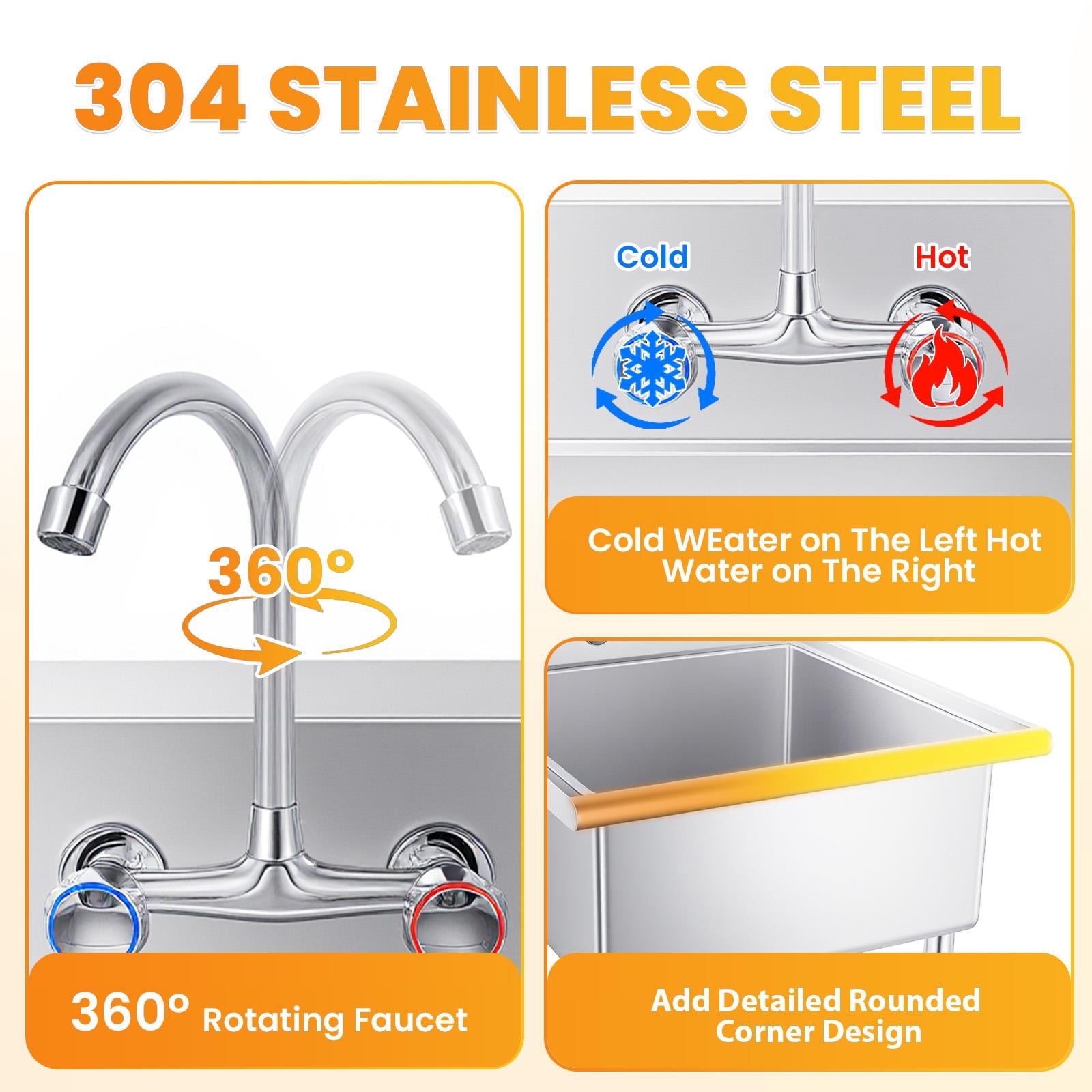 Stainless Steel Free Standing Sink, Heavy Duty Stainless Steel Laundry Tub Sink with Cold and Hot Water Pipe and Faucet, Indoor and Outdoor Sink for Apartment Laundry