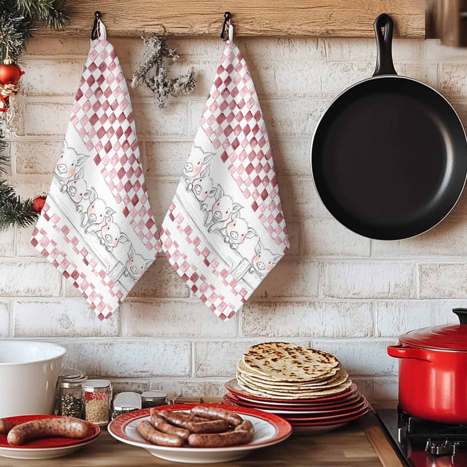 Red Plaid Farmhouse Kitchen Towels Set of 1, Watercolor Cute Country Pigs Checkered Absorbent Dish Towels for Kitchen, Microfiber Hand Towel, Quick Drying Tea Towel for Cleaning Decorative Dishcloths