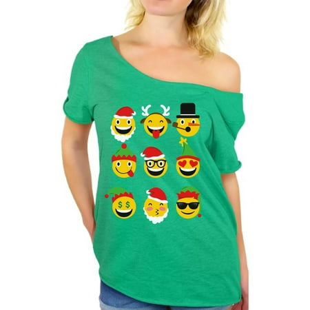 Awkward Styles Christmas Emoji Off Shoulder Shirt Santa Ugly Christmas T Shirt Santa Emoji Oversized Shirts for Women Funny Christmas Gifts for Her Christmas Santa Tshirt Xmas Ugly Shirt Xmas
