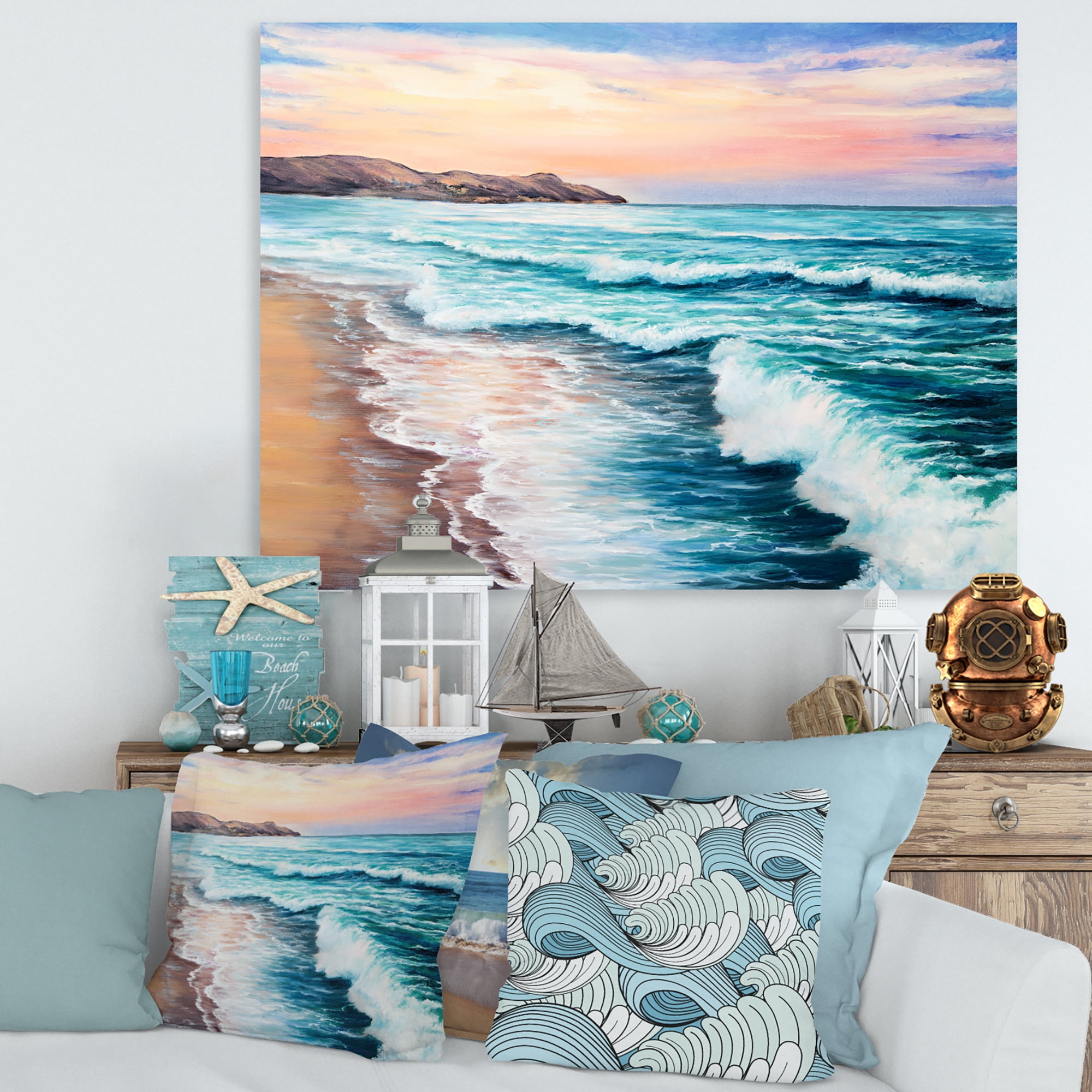 Designart ' Sunrise Glow On The Ocean Waves III ' Nautical & Coastal Canvas Wall Art Print