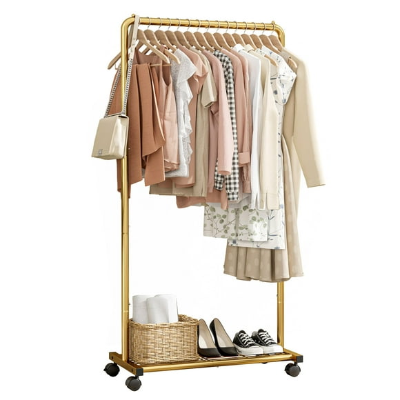 Sakugi Clothes Rack - Clothing Rack with Storage Mesh Shelf & Casters, Heavy-Duty Metal Clothing Rack for Hanging Clothes, Dresses, Coats, Large Load