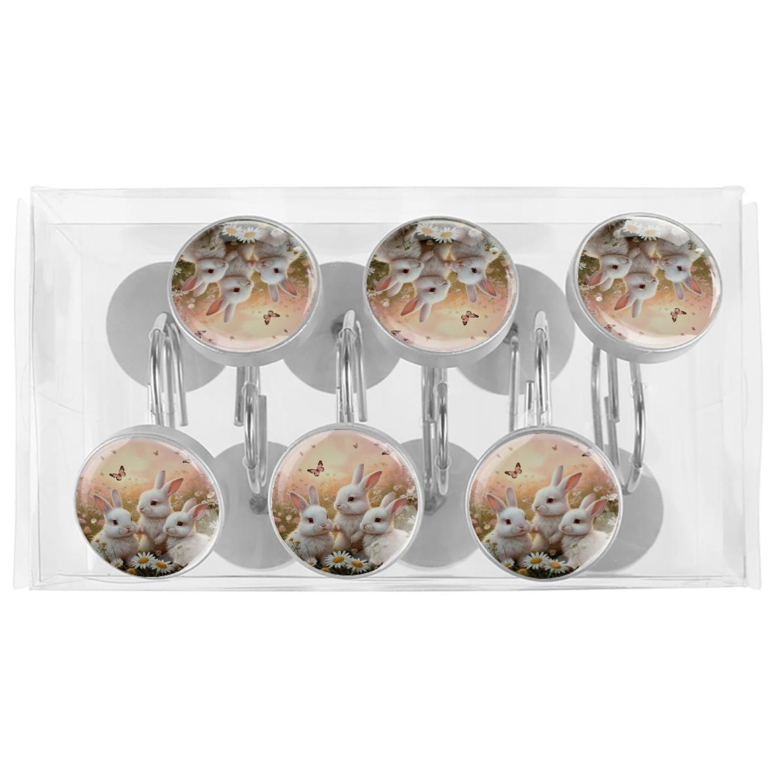 Imobaby 12 Pcs Metal Shower Curtain Hooks Rust Proof for Shower Curtain Liner - Little Rabbit Basking in the Sun