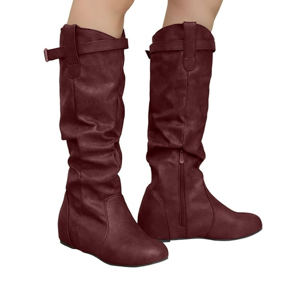 Slouchy Knee High Boots Women Hidden Wedge Low Heel Flat Booties Soft Leather Buckle Strap Pull on Zipper Round Toe Riding Boots