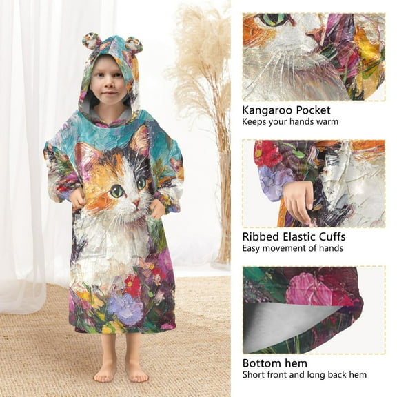 YAZAOO Kids Wearable Blanket Hoodie Warm and Cozy Floral Portrait Flannel Sweatshirt