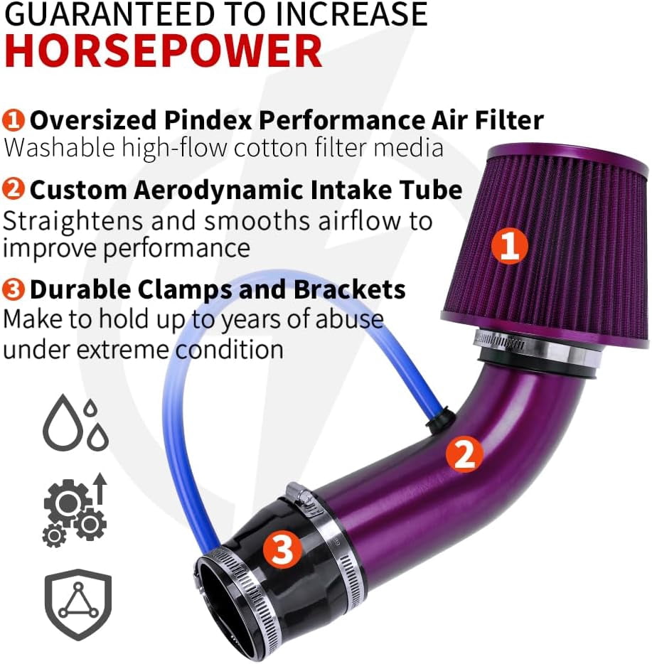 3'' Cold Air Intake Kit Aluminum Automotive Cold Air Intake Pipe Filter Induction Flow Hose Pipe Kit, Purple