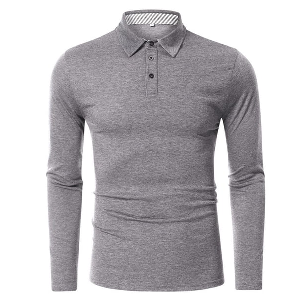 Camiseta de manga larga informal de color liso con solapa para hombre: 35 % poliéster/65 % algodón, tallas S-XXL, adecuada para el trabajo y las fiestas