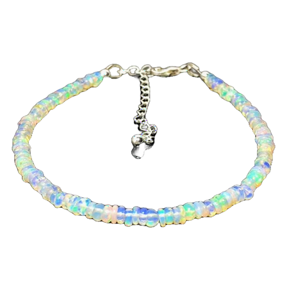 Ethiopian Opal 3mm Rondelle Shape Smooth Cut Beads 7 inch Adjustable Silver Plated Clasp Bracelet for men, women, unisex. Link Chain Stacking Bracelet.|LINK_02769