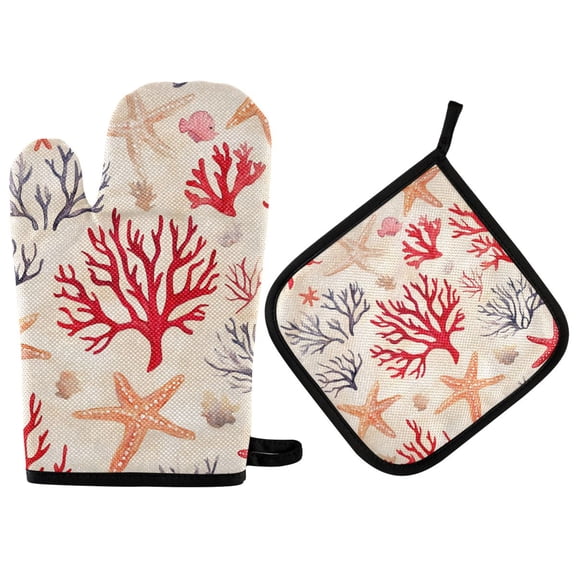 Yayeee Oven Mitts and Pot Holder Set of 2 Heat Resistant Kitchen Gloves Baking Hot Pad, Retro Starfish