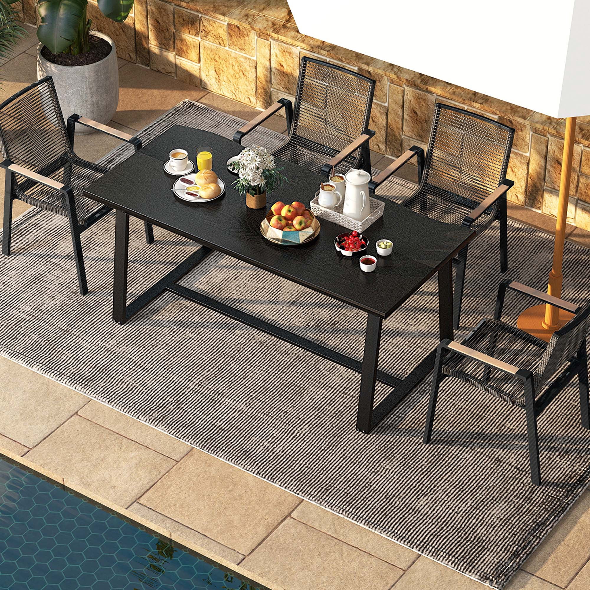 Costway 63" Large Dining Table for 4-6 People with Wavy Edge Heavy-duty Metal Frame Black