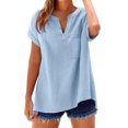 thumbnail image 2 of FAVIPT Linen Shirts for Women 2025 Cotton Linen Shirt Summer Short Sleeve Roll Up Loose Fit V-Neck Tunic Top Dressy Trendy Casual Work Blouse Gauze Tops Light Blue,S, 2 of 6
