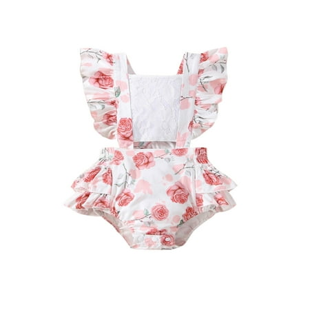 

Calsunbaby Infant Baby Girls Romper Floral Print Lace Stitching Fly Sleeve Ruffles Bodysuit Summer Cutout Waist One-Piece Clothes