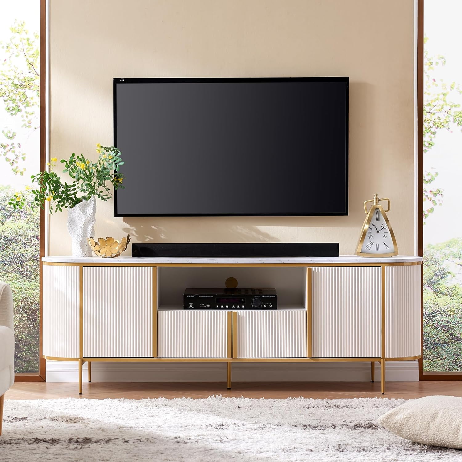 OKD 70" Modern Fluted TV Stand for TVs up to 80", Mid-Century Wooden Entertainment Center for Living Room, Off White