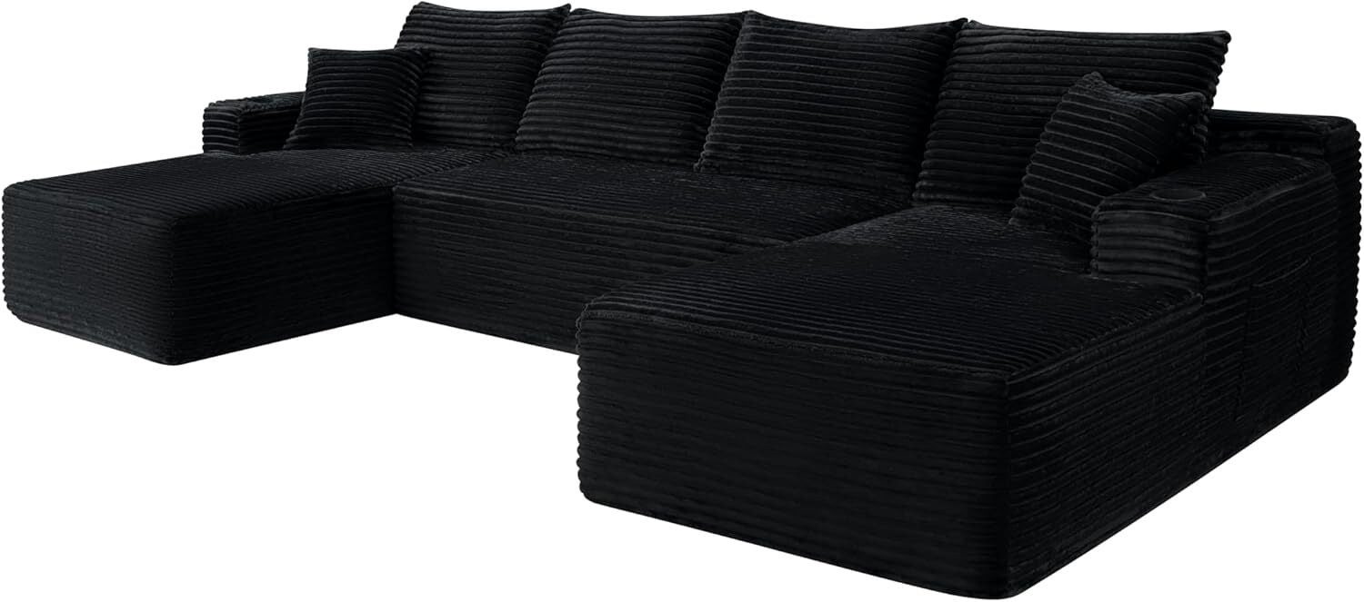 Howcool 126" Oversized U-Shaped Modular Sectional Sofa, Cloud Couch with Double Chaise & Deep Seats, Boneless Corduroy Couch for Living Room & Apartment, No Assembly Required, Black