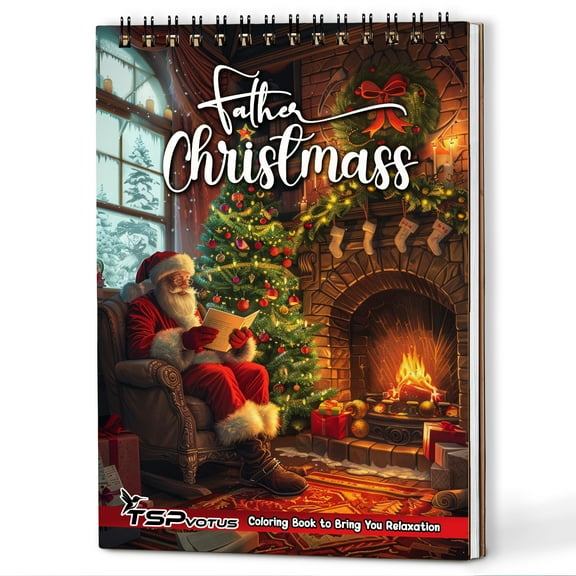 TSPVOTUS Father Christmas Spiral Bound Adults Coloring Book, A5 Wooden Cover, 30 Festive Coloring Pages of Father Christmas for Stress Relief and Relaxation