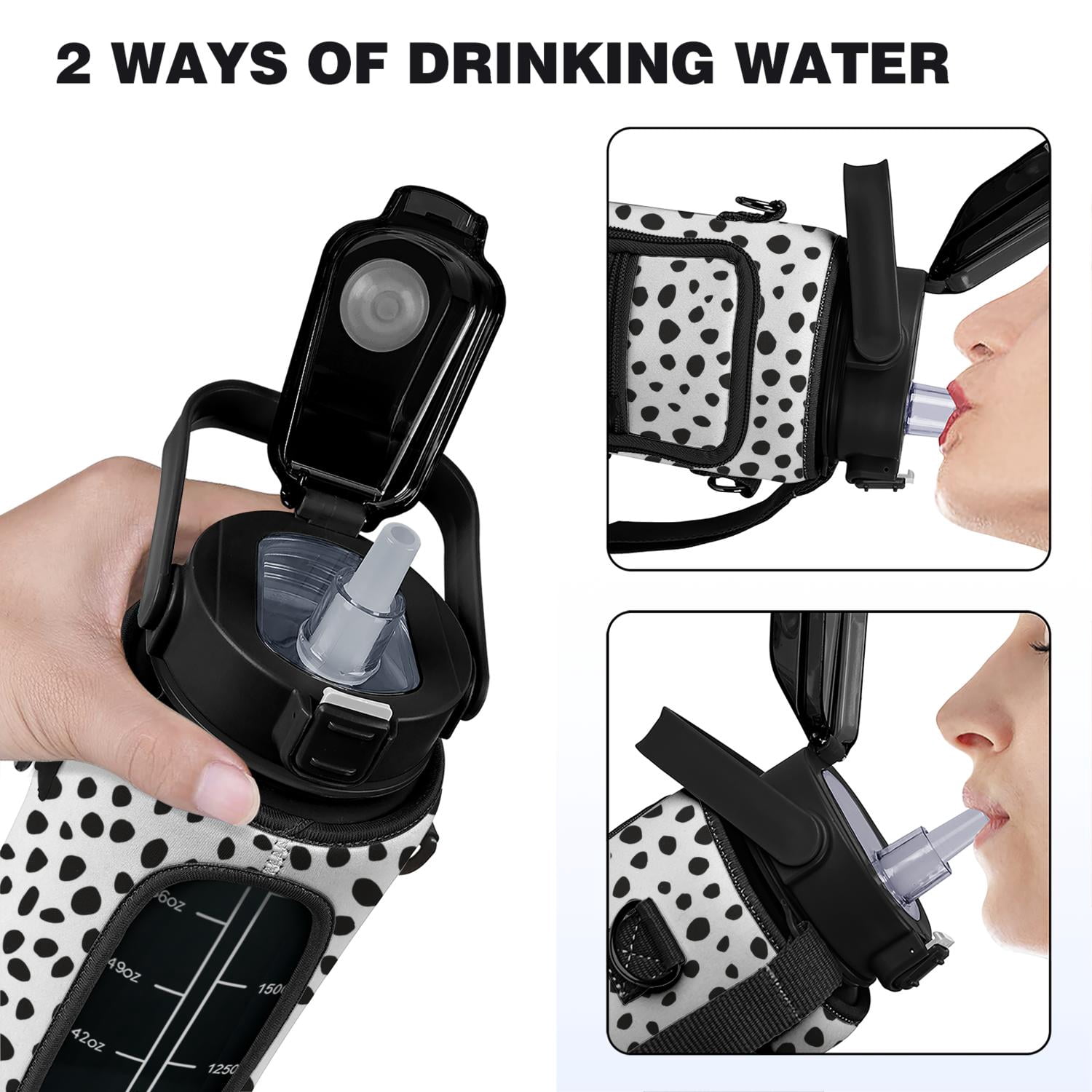 Black White Milk Stripe 64 Oz Half Gallon Water Bottle with Sleeve - BPA Free Leakproof Sport Large Plastic Water Bottle with Straw & Time Marker &Insulated Neoprene Holder Carrier Bag Gift