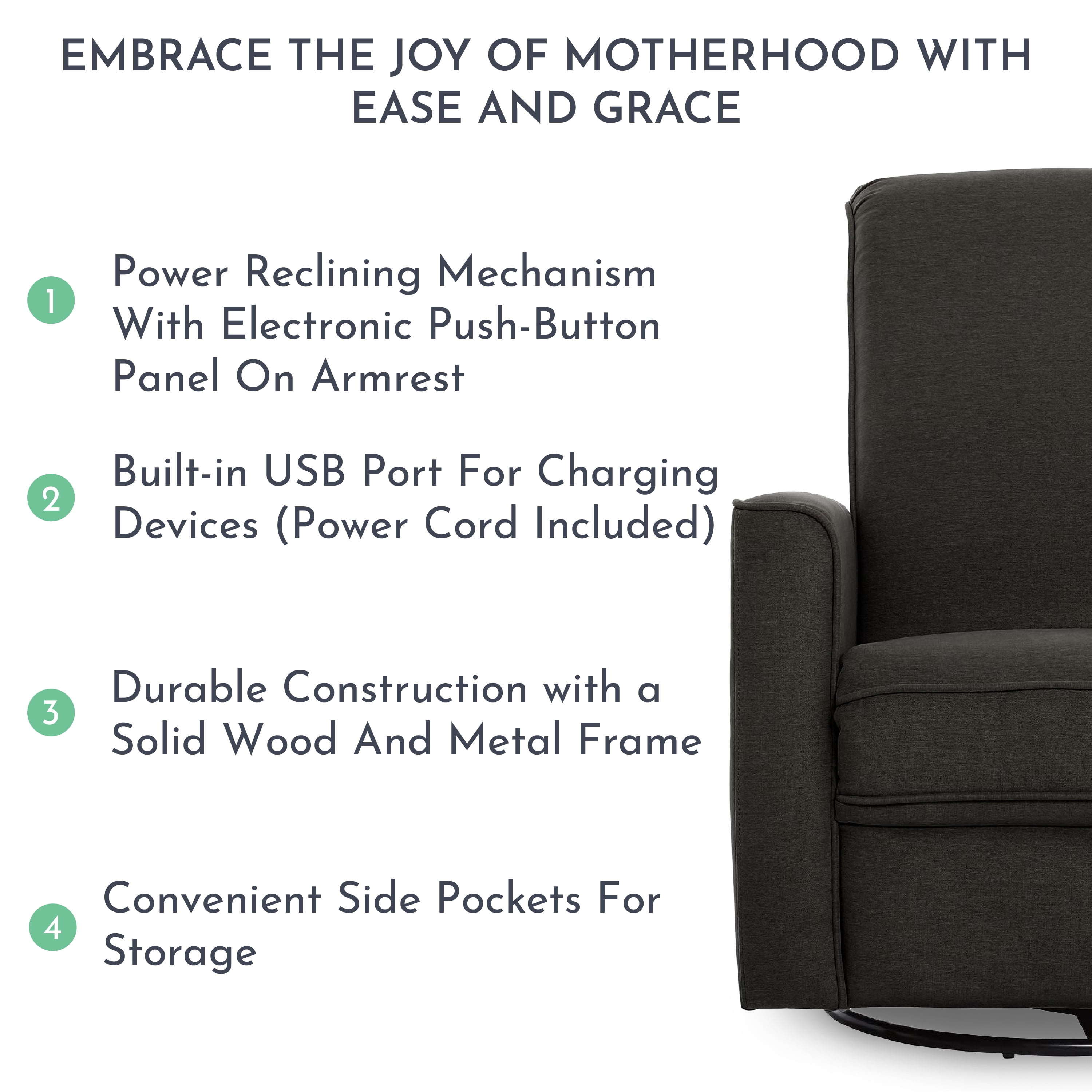 Evolur Harlow Power Recliner Glide Rocker with USB Port, Charcoal, Greenguard Gold Certified