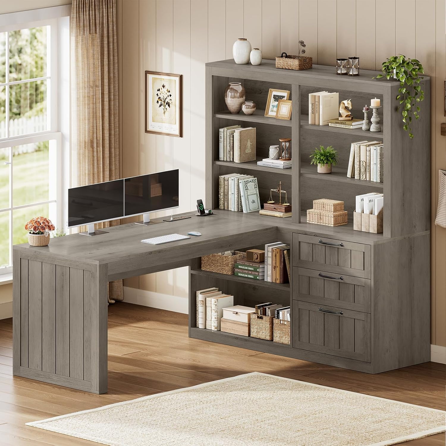 SEDETA Farmhouse L Shaped Computer Desk with 3 Drawers, 59" Corner Office Desk with 5-Tier Bookshelf Hutch, Wood Writing Table Workstation with Built-in Power Outlet for Home Office, Grey