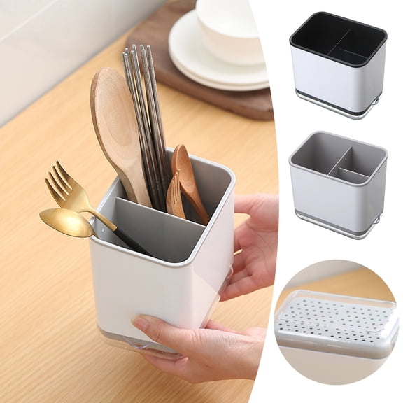 Utensil Holder Cutlery Drainer Sink Caddy, Chopsticks Holder Spoon Chopsticks Fork Drain Rack Basket Storage Holder Organizer Compartment Box (Black)