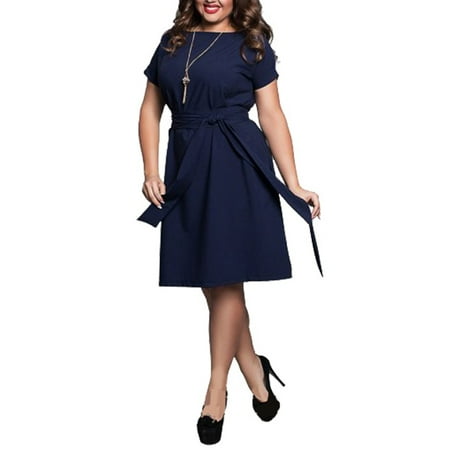 Nicesee Womens Plus Size Solid Color Short Sleeve Belt Dress Evening Party