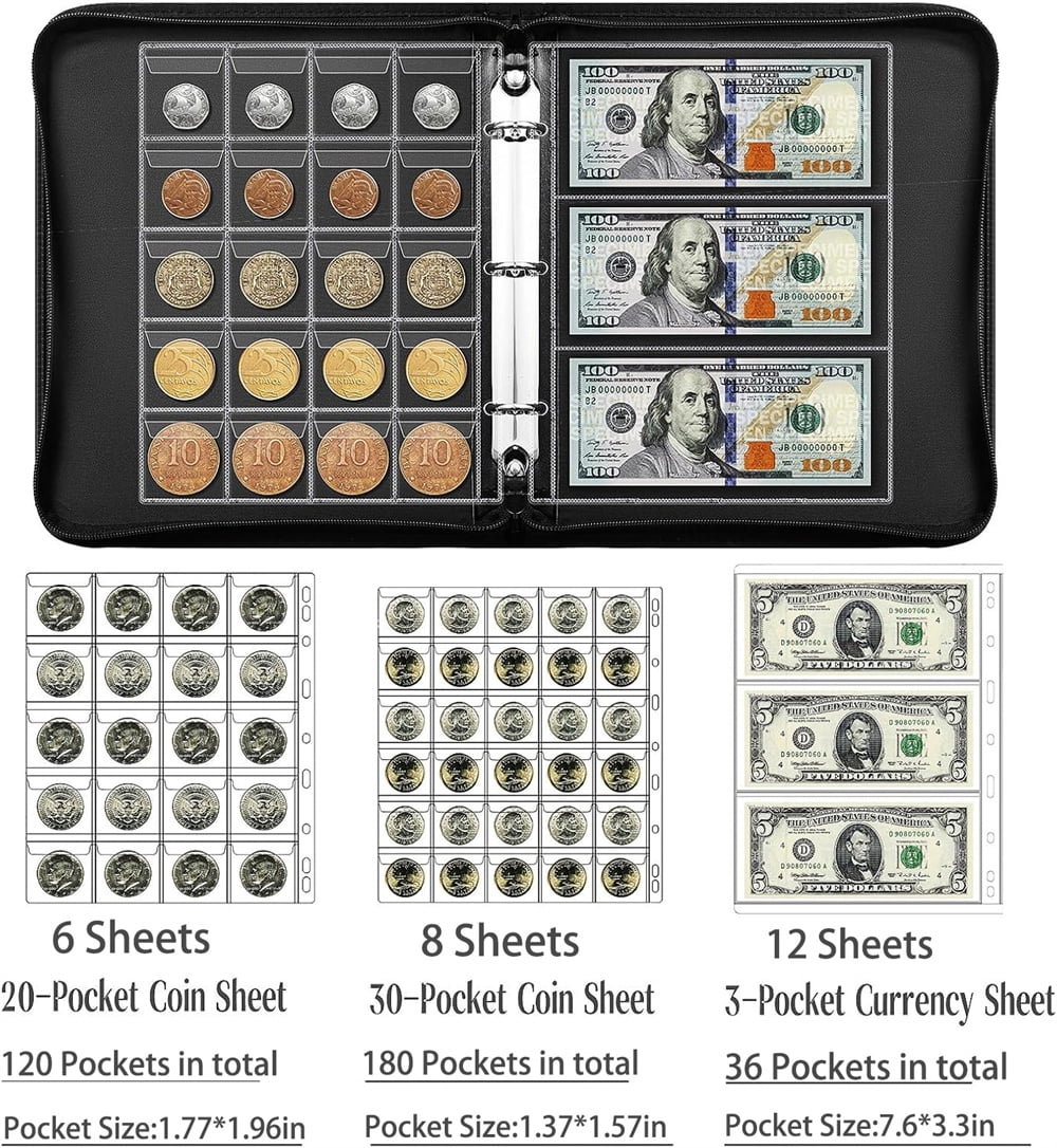 NOGIS Fireproof Coin Collection Book Holders for Collectors, 360 Pockets Coin Organizer Sleeves Coin Album & 36 Currency Sleeves Album Money Holder Coin Storage Case for Coin Collection