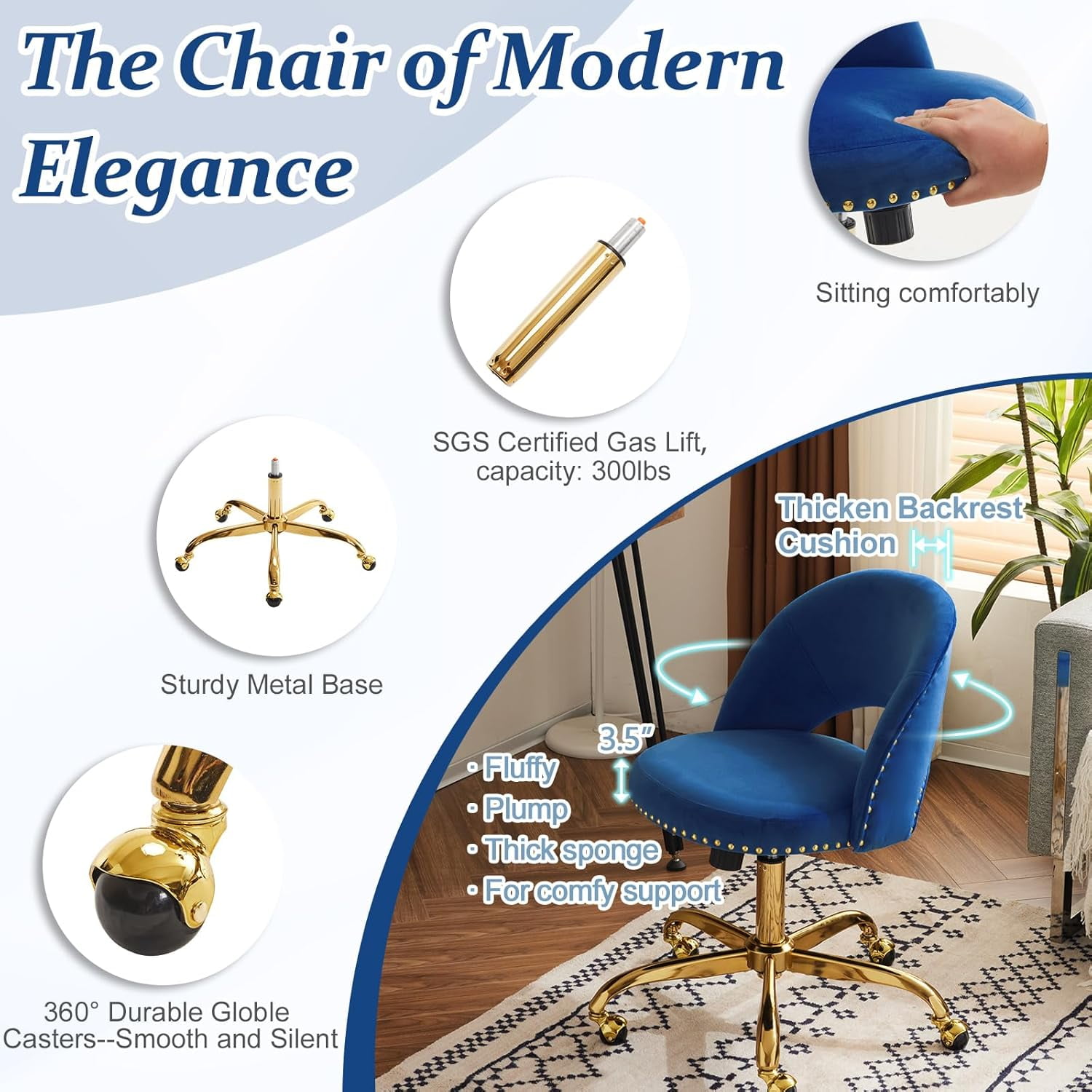 QHTER Modern Velvet Small Office Chair,Cute Desk Chair with Wheels,Gold Base/Studs, Comfy Armless Swivel Vanity Task Chair for Women/Girl/Kids, Nail Tech Chair for Bedroom,Small Space,Navy Blue