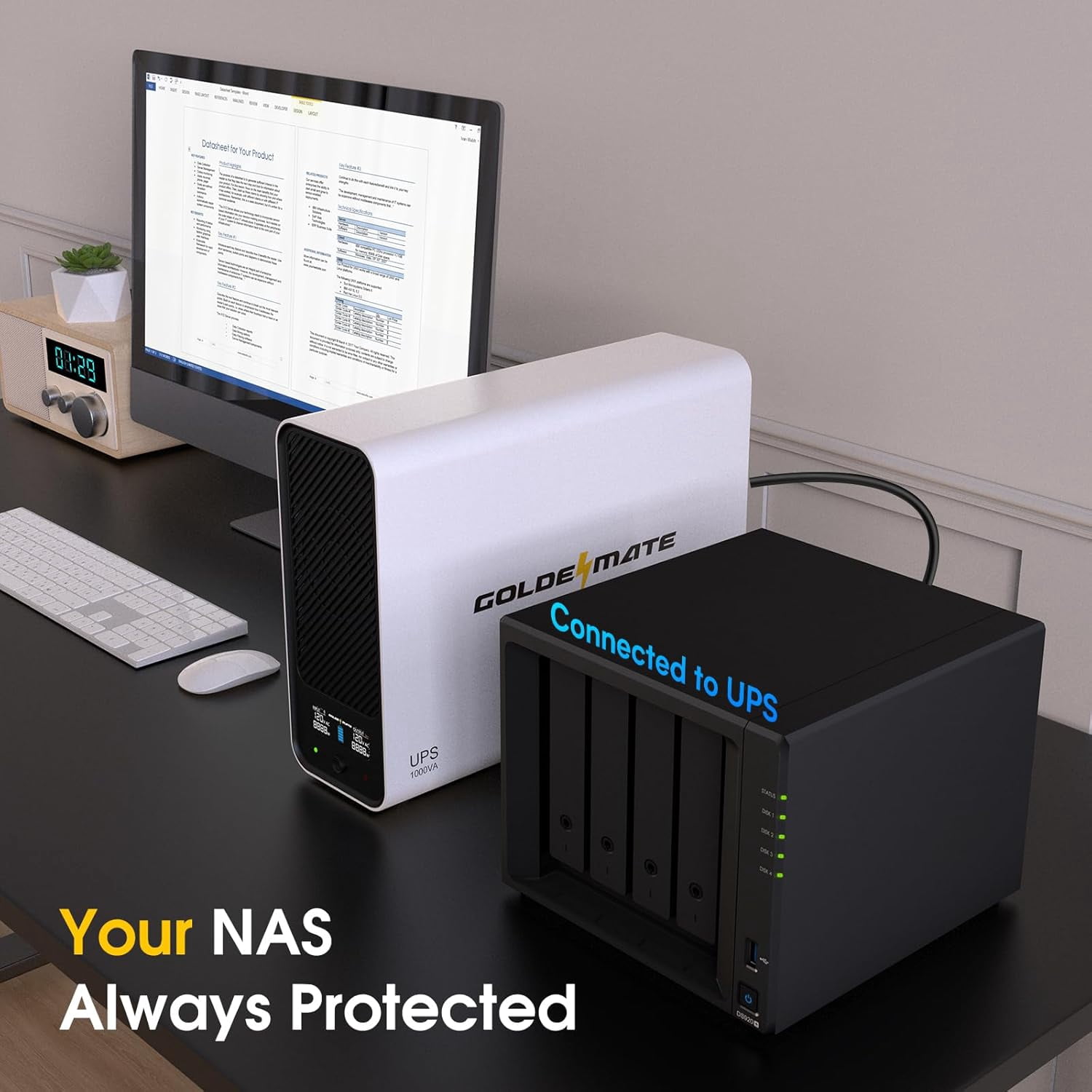 GOLDENMATE 1000VA/800W Lithium UPS Battery Backup and Surge Protector with Pure Sine Wave, Communication Port, 8 Outlets and LCD Display