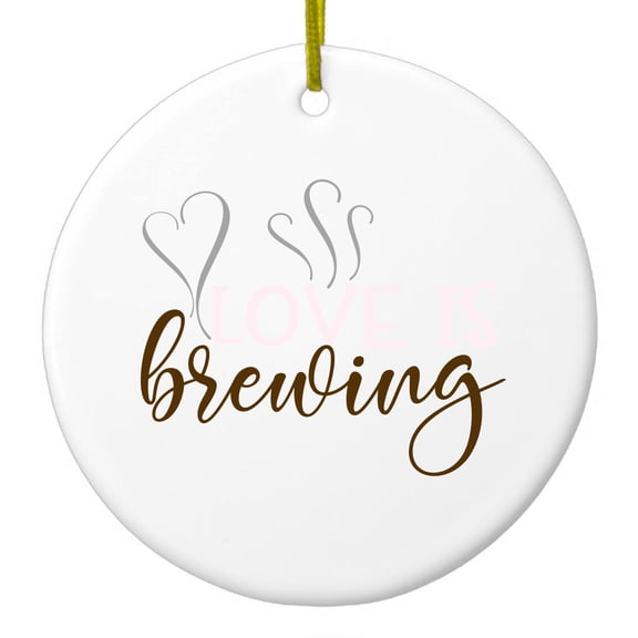 DistinctInk Hanging Ceramic Christmass Tree Ornament with Gold String - Great Gift / Present - 2 3/4 inch diameter - Love is Brewing - Coffee