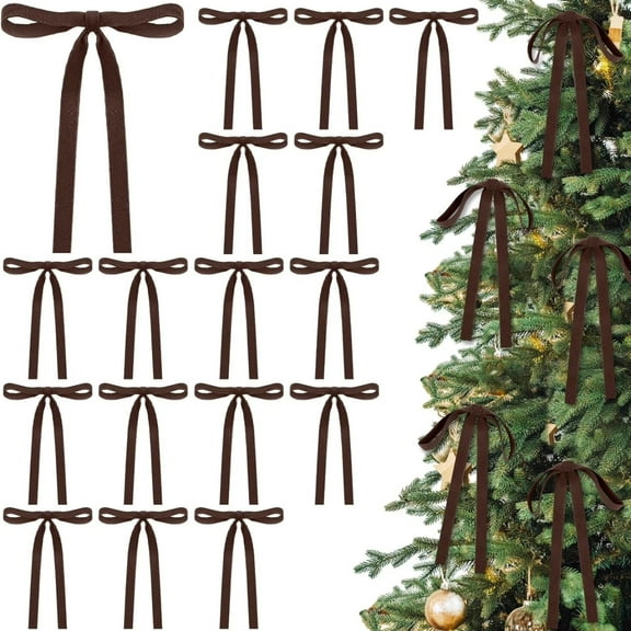 24 Pcs Brown Velvet Bows for Christmas Tree, Brown Velvet Bows Ornaments Christmas Tree Bow for Gift Wrapping Door Vintage Garland Wreath, Rustic Holiday Decor 7 inch
