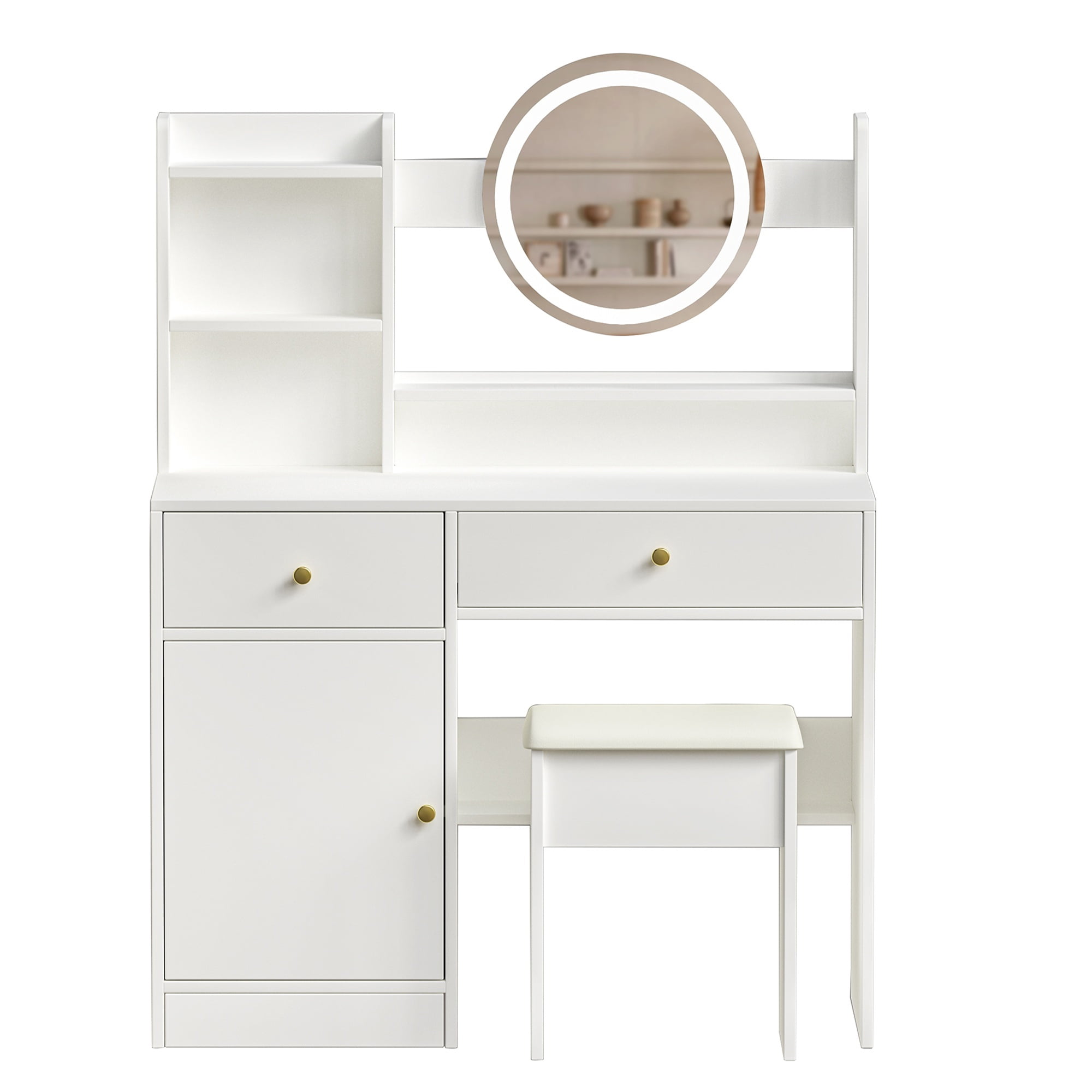 Alvantor Makeup Vanity Desk with Mirror and Lights, Adjustable Brightness Dressing Table with Cushioned Chair, White