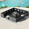 thumbnail image 4 of RADIATA 15 Piece Luxury Patio Furniture Sofa Set with Natural Gas/Propane Fire Pit Table, 29.3" High Back Outdoor Conversation Set, Outside PE Rattan Sectional Sofa, 2 Color Cushions/Black, 4 of 10